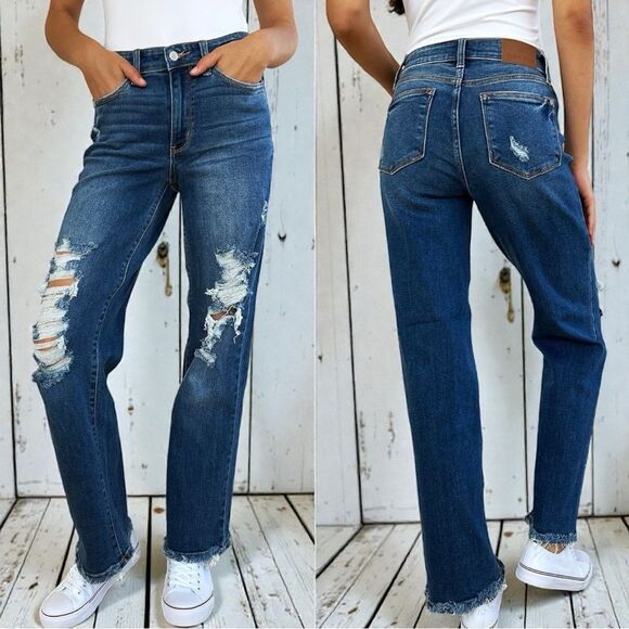 Judy Blue Denim - Judy Blue Mid Rise Distressed Raw Hem Dark Wash Jeans – NWT